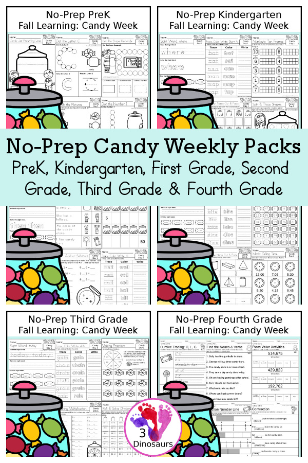 Candy No-Prep Weekly Packs PreK, Kindergarten, First Grade, Second Grade, Third Grade & Fourth Grade with 5 days of activities to do for each grade level With loads of general monster activities - You will find a mix of math, language, and more - These are easy to use packs for fall learning, homework, early finisher, and morning work. Easy no-prep printables for kids with four pages for each day - 3Dinosaurs.com