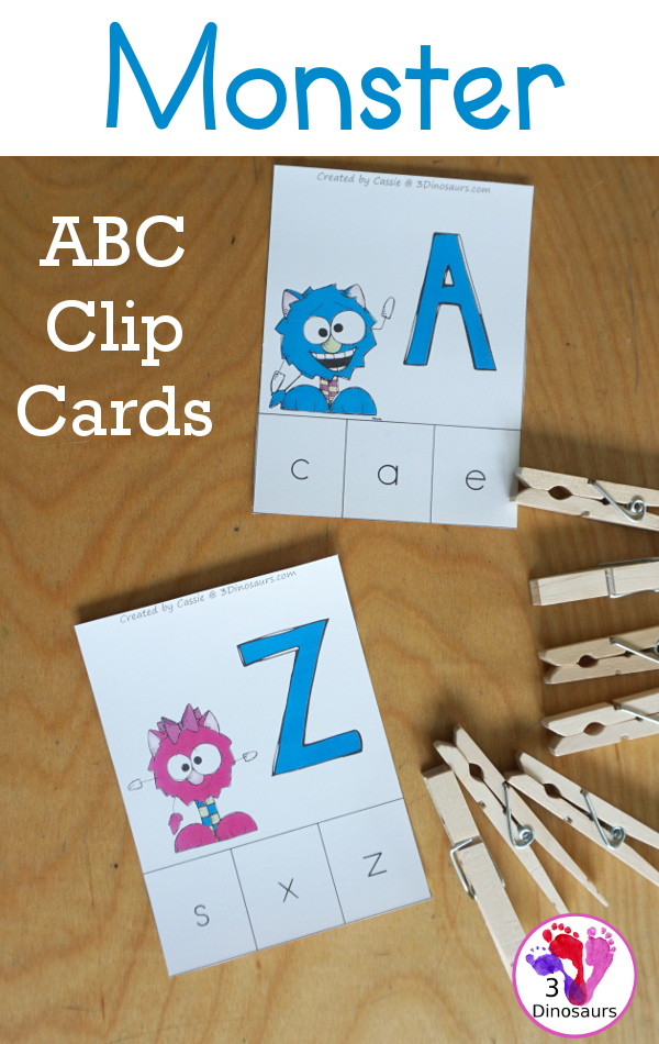 Free Monster ABC Clip Cards - with matching uppercase letter with lowercase letter in a fun letter monster activity for kids - 3Dinosaurs.com