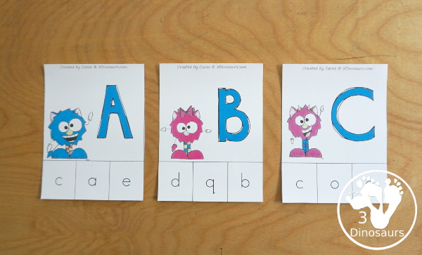 Free Monster ABC Clip Cards - with matching uppercase letter with lowercase letter in a fun letter monster activity for kids - 3Dinosaurs.com