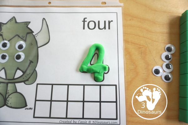 Free Monster Count Mats from 1 to 10 - Easy to use monster counting mats with numbers 1 to 10 with playdough number, counting area and ten frames - 3Dinosaurs.com