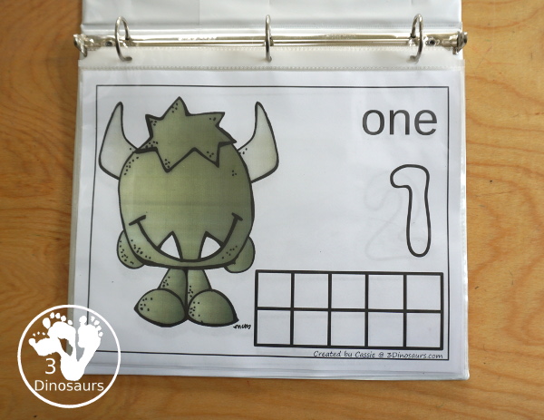 Free Monster Count Mats from 1 to 10 - Easy to use monster counting mats with numbers 1 to 10 with playdough number, counting area and ten frames - 3Dinosaurs.com