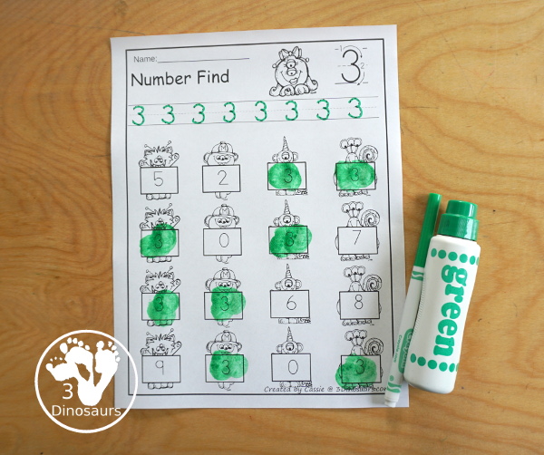 Monster Number Find - with number digit and number word for kids to work on tracing and finding - 3Dinosaurs.com