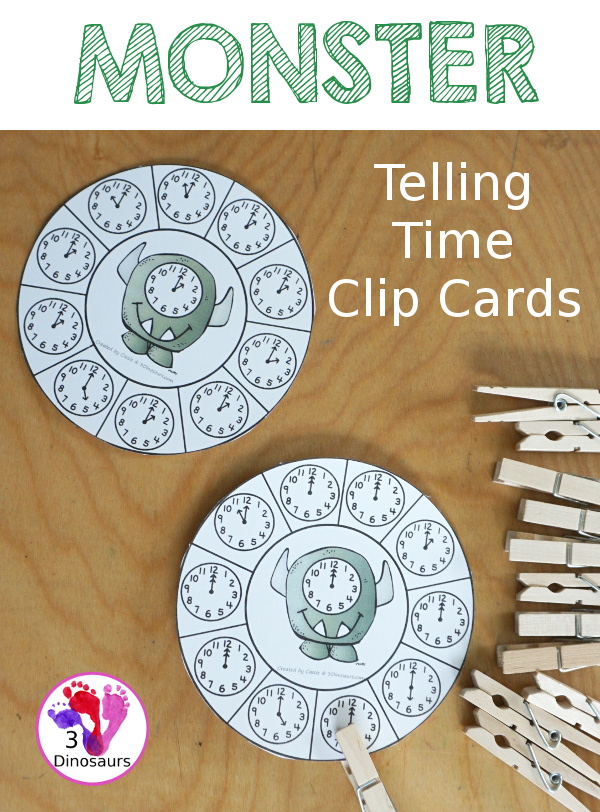 Free Monster Time Clip Cards - with 12 hourly clocks for kids to work on telling time- with matching the same time on the monster - 3Dinosaurs.com