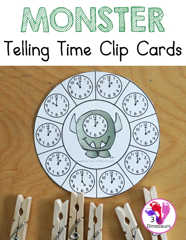 Free Monster Time Clip Cards - with 12 hourly clocks for kids to work on telling time- with matching the same time on the monster - 3Dinosaurs.com