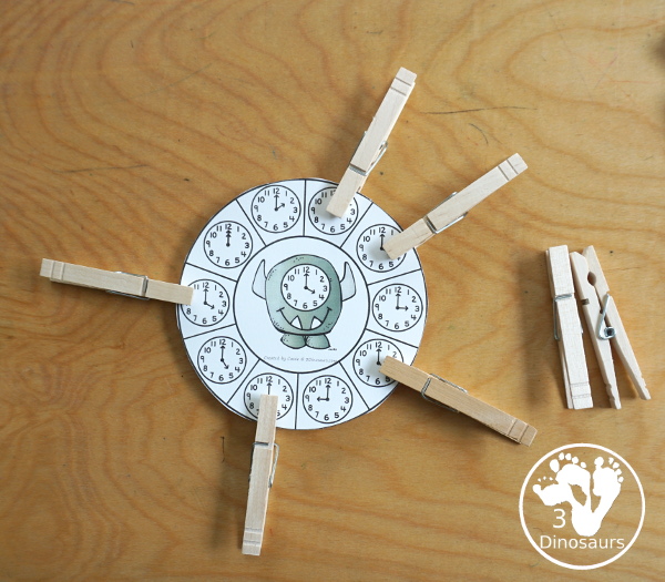 Free Monster Time Clip Cards - with 12 hourly clocks for kids to work on telling time- with matching the same time on the monster - 3Dinosaurs.com