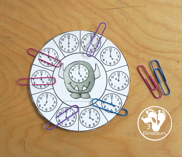 Free Monster Time Clip Cards - with 12 hourly clocks for kids to work on telling time- with matching the same time on the monster - 3Dinosaurs.com