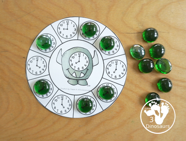 Free Monster Time Clip Cards - with 12 hourly clocks for kids to work on telling time- with matching the same time on the monster - 3Dinosaurs.com