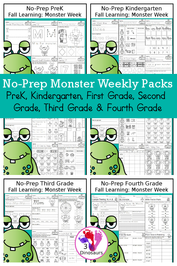 Monster No-Prep Weekly Packs PreK, Kindergarten, First Grade, Second Grade, Third Grade & Fourth Grade with 5 days of activities to do for each grade level With loads of general monster activities - You will find a mix of math, language, and more - These are easy to use packs for fall learning, homework, early finisher, and morning work. Easy no-prep printables for kids with four pages for each day - 3Dinosaurs.com