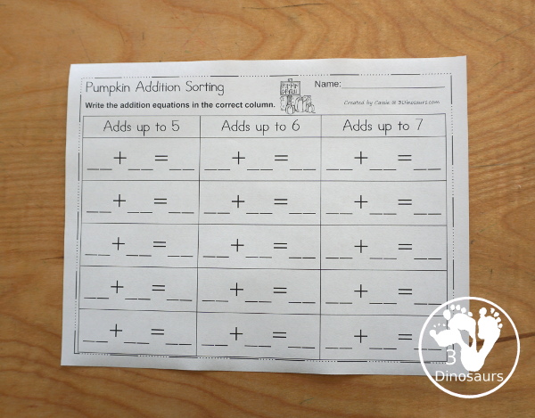 Free Pumpkin Addition Sorting - pumpkin addition recording sheet. - 3Dinosaurs.com