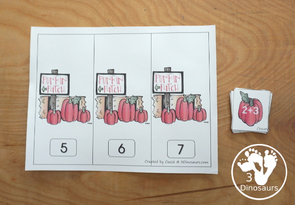 Free Pumpkin Addition Sorting - setting up addition sorting mat and cards. - 3Dinosaurs.com