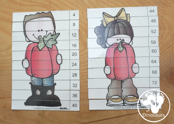 Free Pumpkin Skip Counting by 4 Puzzles - two fun free skip counting puzzles that work on skip counting from 4 to 40 and 44 to 80 - 3Dinosaurs.com