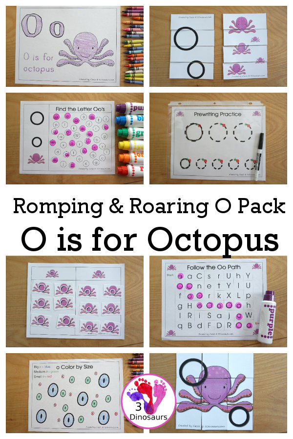 Romping & Roaring O Pack: Letter O is for Octopus  - a letter O pack that has prewriting, finding letters, tracing letters, coloring pages, shapes, puzzles and more - 3Dinosaurs.com