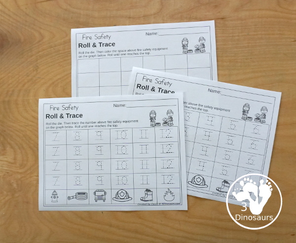  Free Fire Safety Roll & Graph Printable dice and graphing worksheets with coloring graphing and graphing with tracing numbers 1 to 6 and 7 to 12.- 3Dinosaurs.com