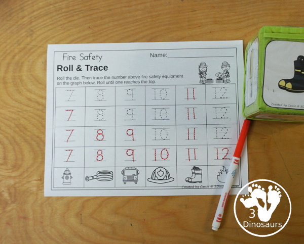  Free Fire Safety Roll & Graph Printable dice and graphing worksheets with coloring graphing and graphing with tracing numbers 1 to 6 and 7 to 12.- 3Dinosaurs.com