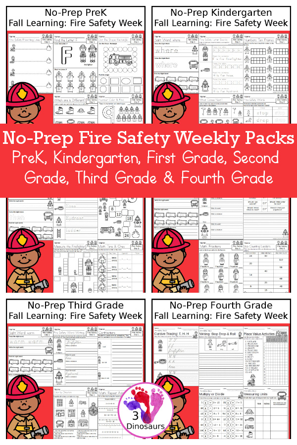 Fire Safety No-Prep Weekly Packs PreK, Kindergarten, First Grade, Second Grade, Third Grade & Fourth Grade with 5 days of activities to do for each grade level With loads of different fire safety activities for fall- You will find a mix of math, language, and more - These are easy to use packs for fire safety activities, fall learning, homework, early finisher, and morning work. Easy no-prep printables for kids with four pages for each day - 3Dinosaurs.com