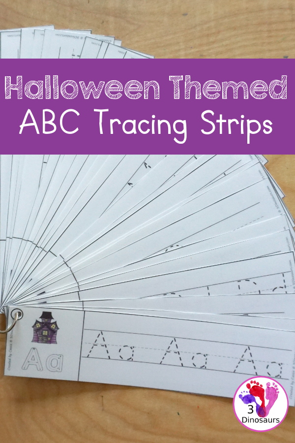 Free Halloween ABC Tracing Strips - with uppercase and lowercase together. You have fun kids with a haunted house, plus you can see an example of how to trace the letters - 3Dinosaurs.com