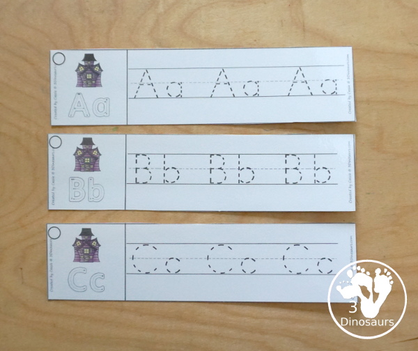 Free Halloween ABC Tracing Strips - with uppercase and lowercase together. You have fun kids with a haunted house, plus you can see an example of how to trace the letters - 3Dinosaurs.com