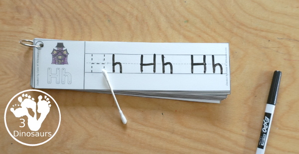 Free Halloween ABC Tracing Strips - with uppercase and lowercase together. You have fun kids with a haunted house, plus you can see an example of how to trace the letters - 3Dinosaurs.com