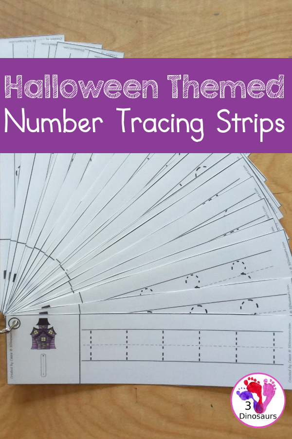 Free Halloween Number Tracing Strips - with numbers 0 to 20. A fun haunted house themed with a barn on each printable number tracing strip - 3Dinosaurs.com