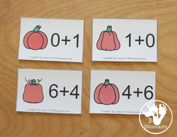 Free Pumpkin Addition Flashcards with addition from 1 to 10 with all the ways to add up to each number - 3Dinosaurs.com