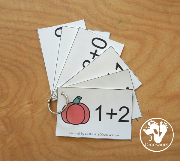 Free Pumpkin Addition Flashcards with addition from 1 to 10 with all the ways to add up to each number - 3Dinosaurs.com