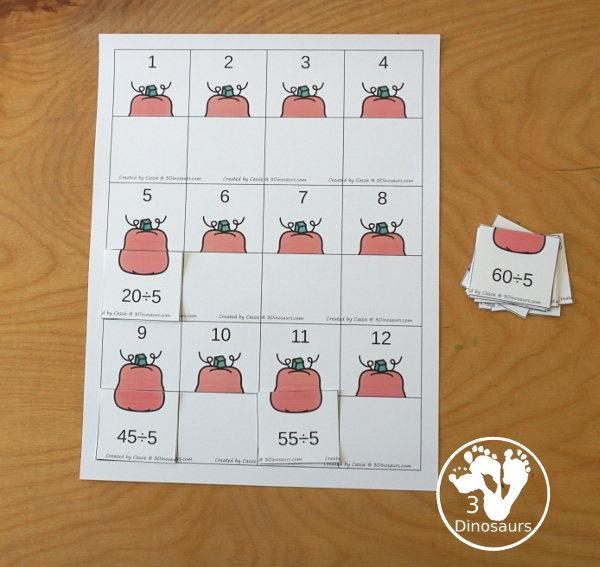 Pumpkin Multiplication & Division Cut & Paste and Matching with cut and paste worksheets for division and multiplication with numbers 1 to 12 and match puzzles and matching mats for division and multiplication - 3Dinosaurs.com