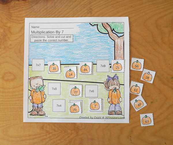 Pumpkin Multiplication & Division Cut & Paste and Matching with cut and paste worksheets for division and multiplication with numbers 1 to 12 and match puzzles and matching mats for division and multiplication - 3Dinosaurs.com