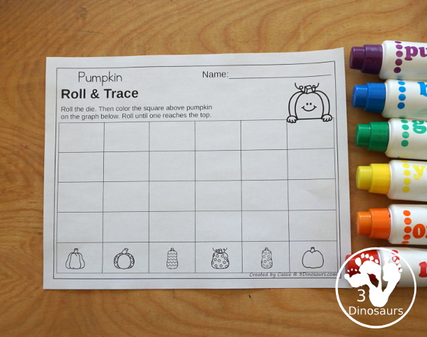 Pumpkin Roll & Graph With Trace Letters, Numbers & Shapes with a folding die and cube die with a graphing sheet, graphing with tracing numbers, graphing with tracing letters and graphing with tracing shapes. All with a fun pumpkin theme for the fall for prek and kindergarten - 3Dinosaurs.com