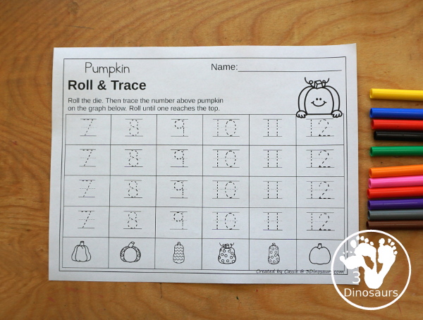 Pumpkin Roll & Graph With Trace Letters, Numbers & Shapes with a folding die and cube die with a graphing sheet, graphing with tracing numbers, graphing with tracing letters and graphing with tracing shapes. All with a fun pumpkin theme for the fall for prek and kindergarten - 3Dinosaurs.com