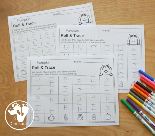 Pumpkin Roll & Graph With Trace Letters, Numbers & Shapes with a folding die and cube die with a graphing sheet, graphing with tracing numbers, graphing with tracing letters and graphing with tracing shapes. All with a fun pumpkin theme for the fall for prek and kindergarten - 3Dinosaurs.com