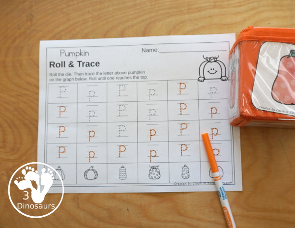 Pumpkin Roll & Graph With Trace Letters, Numbers & Shapes with a folding die and cube die with a graphing sheet, graphing with tracing numbers, graphing with tracing letters and graphing with tracing shapes. All with a fun pumpkin theme for the fall for prek and kindergarten - 3Dinosaurs.com