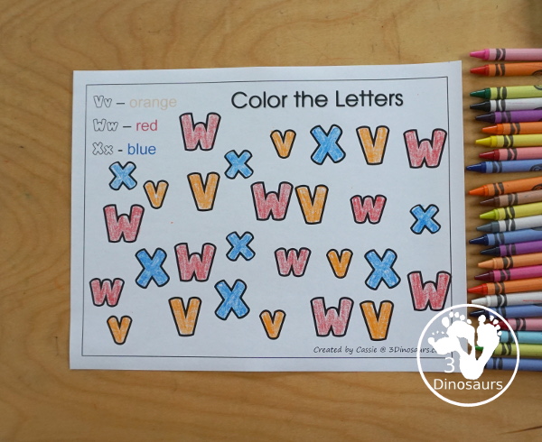 Free Romping & Roaring VWX Review Pack - with letter V, letter w, and letter x printables for reviewing the three letters with tracing, puzzles, coloring pages, finger puppets, game and more- 3Dinosaurs.com