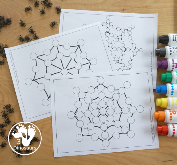 Free Spider Fine Motor Printable - with spider web tracing, spider web mat, spider web q-tip mats, spider web dot marker - with different options for the spider web - 3Dinosaurs.com