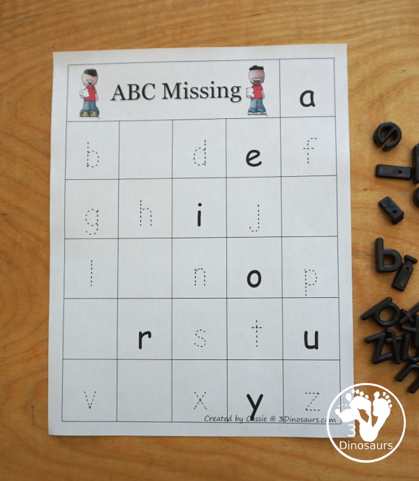Free Tracing and Writing Missing ABC Letters Chart Printables - with two charts for uppercase and lowercase letters with tracing and writing in missing letters - 3Dinosaurs.com