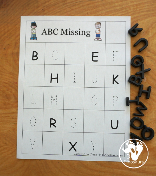 Free Tracing and Writing Missing ABC Letters Chart Printables - with two charts for uppercase and lowercase letters with tracing and writing in missing letters - 3Dinosaurs.com