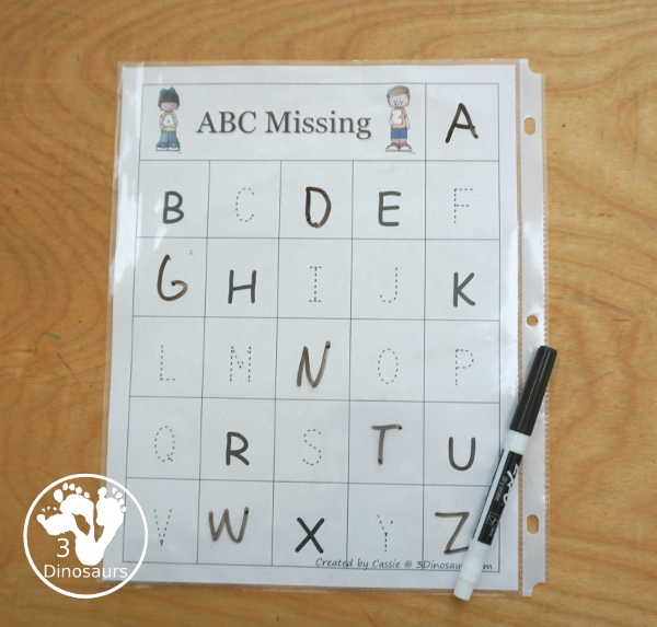 Free Tracing and Writing Missing ABC Letters Chart Printables - with two charts for uppercase and lowercase letters with tracing and writing in missing letters - 3Dinosaurs.com