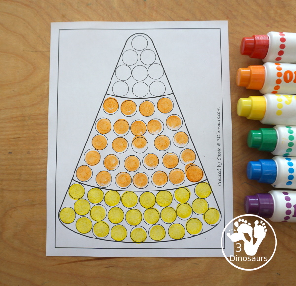 Free Candy Corn Fine Motor Mat Printables - You have candy corn printables, a candy corn tracing printable, and a candy corn dot marker printable.- 3Dinosaurs.com