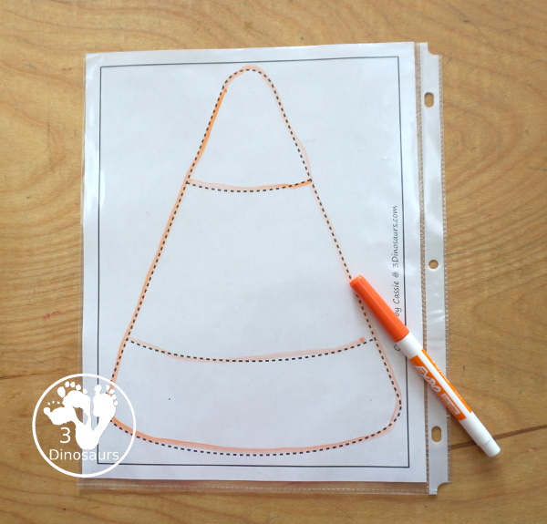 Free Candy Corn Fine Motor Mat Printables - You have candy corn printables, a candy corn tracing printable, and a candy corn dot marker printable.- 3Dinosaurs.com