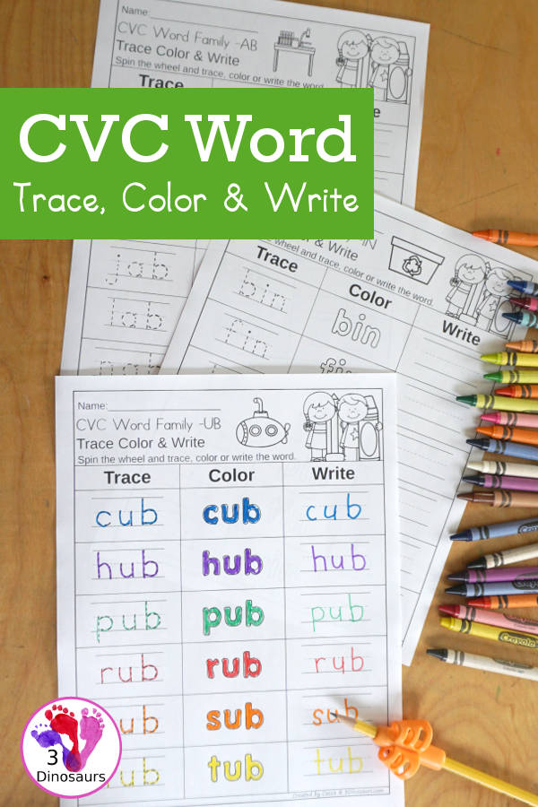CVC Word Family: Trace, Color and Write Printable with 24 word family for kids to work on with one word family on each page and a spinner and dice options for the trace, color and write.- 3Dinosaurs.com
