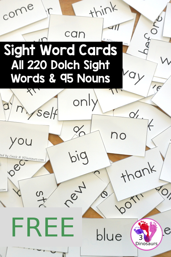 Free Sight Words Dolch Cards with all 220 Dolch sight words with 95 nouns. You have preprimer, primer, first grade, second grade, third grade and nouns lists. Easy use the sight word flash cards
