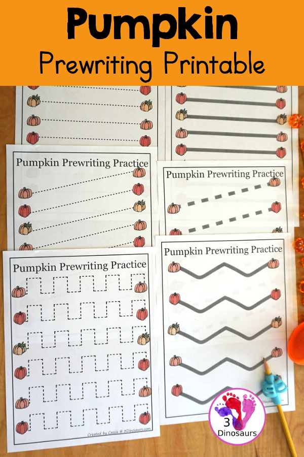 Free Pumpkin Prewriting Printables: prewriting dashed line, prewriting solid line, prewriting thick line dashed all prewriting great for October and November - 3Dinosaurs.com