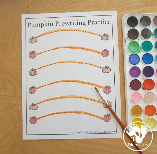Free Pumpkin Prewriting Printables: dashed line, solid line, thick line dashed with 28 pages of prewriting printables for the fall - challenge them with prewriting tracing with watercolors - 3Dinosaurs.com