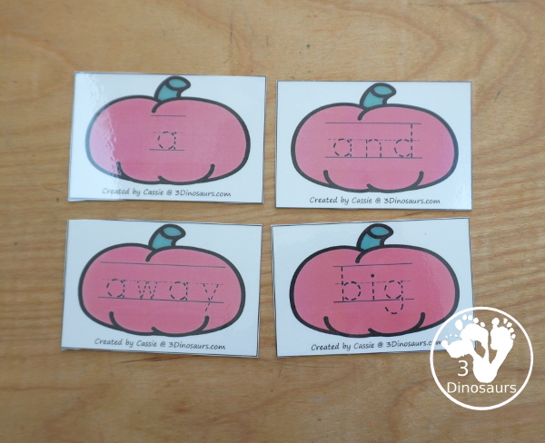 Pumpkin Sight Word Tracing Card Printables- with all 220 Dolch Sight Words with cards sorting by sight word list - With tracing on colored pumpkin or a black and white pumpkin option. You have 8 sight word cards on each page - 3Dinosaurs.com
