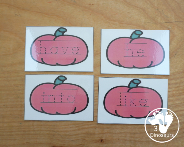 Pumpkin Sight Word Tracing Card Printables- with all 220 Dolch Sight Words with cards sorting by sight word list - With tracing on colored pumpkin or a black and white pumpkin option. You have 8 sight word cards on each page - 3Dinosaurs.com