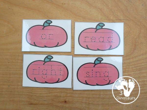 Pumpkin Sight Word Tracing Card Printables- with all 220 Dolch Sight Words with cards sorting by sight word list - With tracing on colored pumpkin or a black and white pumpkin option. You have 8 sight word cards on each page - 3Dinosaurs.com