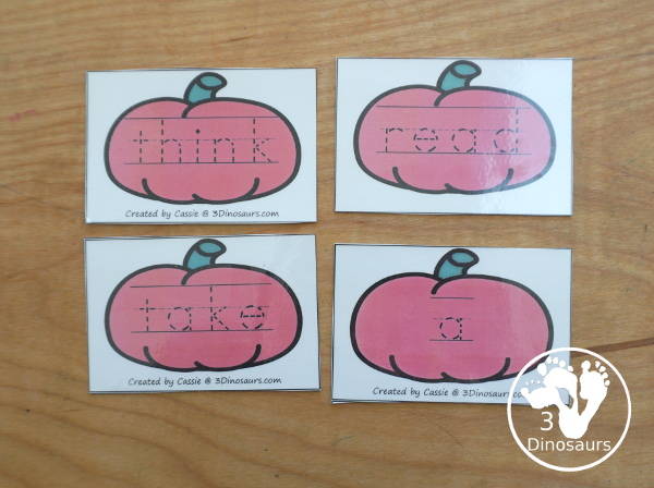 Pumpkin Sight Word Tracing Card Printables- with all 220 Dolch Sight Words with cards sorting by sight word list - With tracing on colored pumpkin or a black and white pumpkin option. You have 8 sight word cards on each page - 3Dinosaurs.com