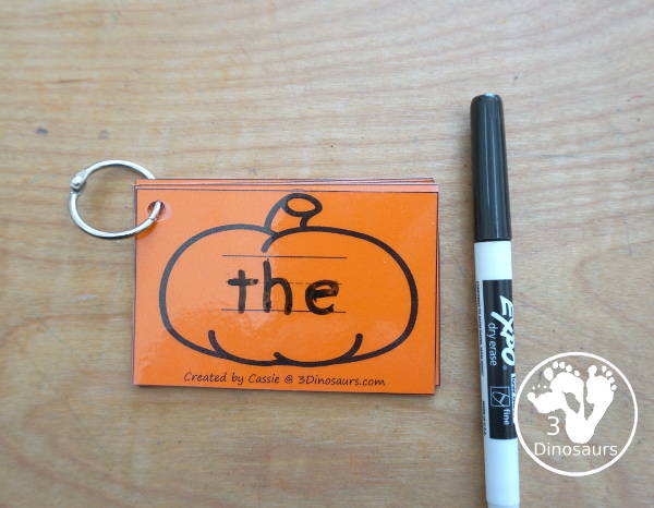 Pumpkin Sight Word Tracing Card Printables- with all 220 Dolch Sight Words with cards sorting by sight word list - With tracing on colored pumpkin or a black and white pumpkin option. You have 8 sight word cards on each page - 3Dinosaurs.com