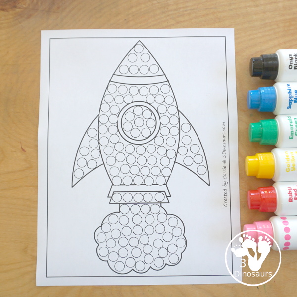 Free Rocket Ship Fine Motor Mat Printables - you have 5 fine motor mats: rocket ship template printable, rocket ship tracing printable, rocket sheet q-tip printable, and rocket sheet dot marker printable - 3Dinosaurs.com