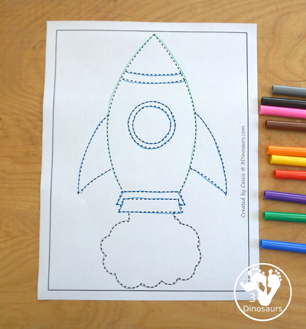 Free Rocket Ship Fine Motor Mat Printables - you have 5 fine motor mats: rocket ship template printable, rocket ship tracing printable, rocket sheet q-tip printable, and rocket sheet dot marker printable - 3Dinosaurs.com