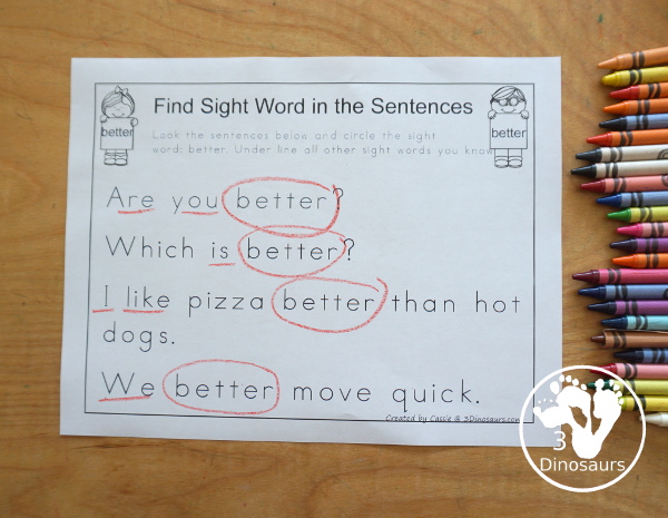 Free Romping & Roaring Third Grade Sight Words Packs Set 1: About, Better, Bring, Carry - 6 pages of activities for each third Grade sight words: about, better, bring and carry. These are great for easy to use learning centers - 3Dinosaurs.com